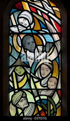 Modern stained glass window, St Andrew`s Church, Hazleton, Gloucestershire, England, UK Stock Photo
